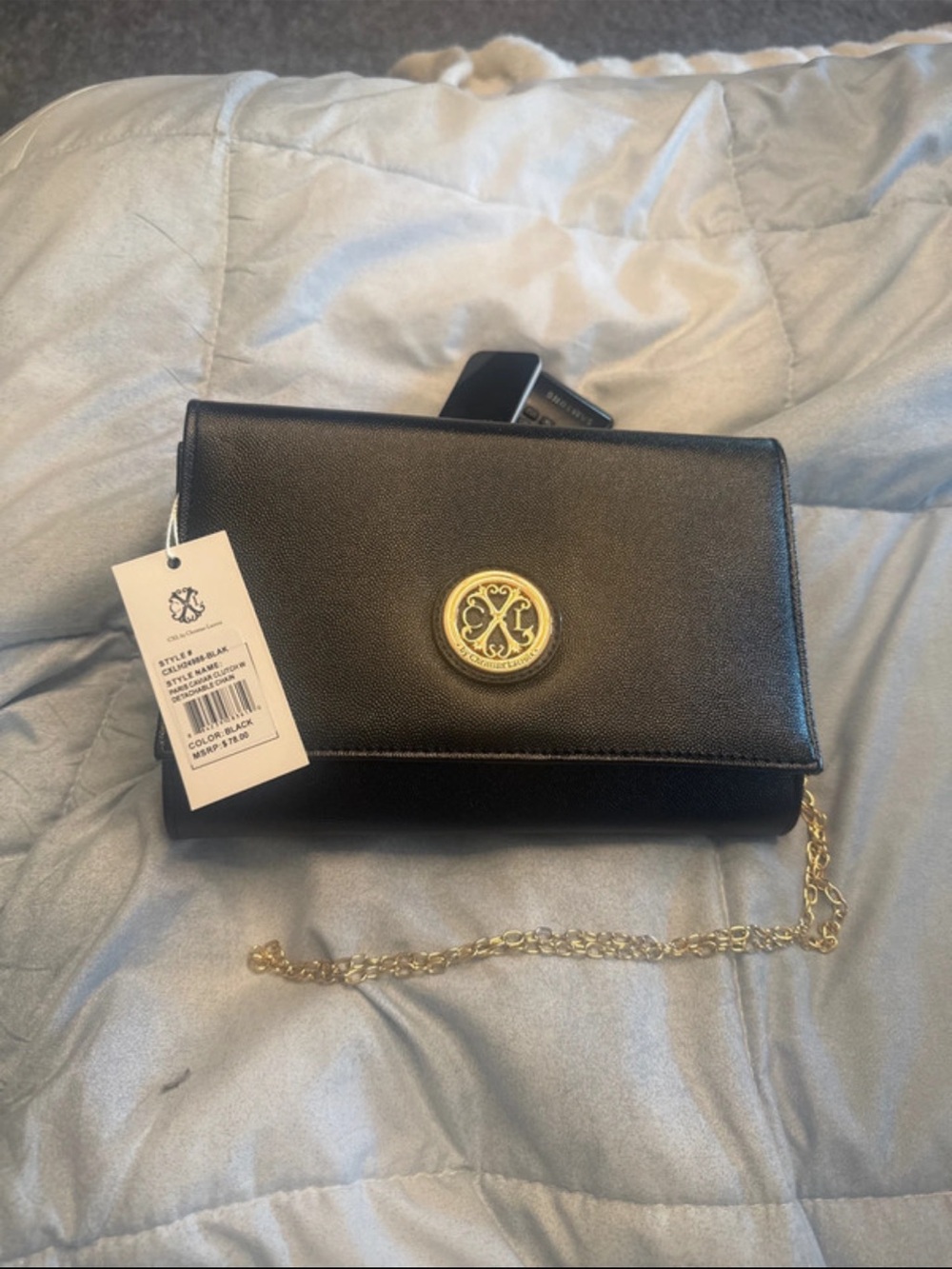 Christian Lacroix Black Clutch with Gold Medallion and Chain